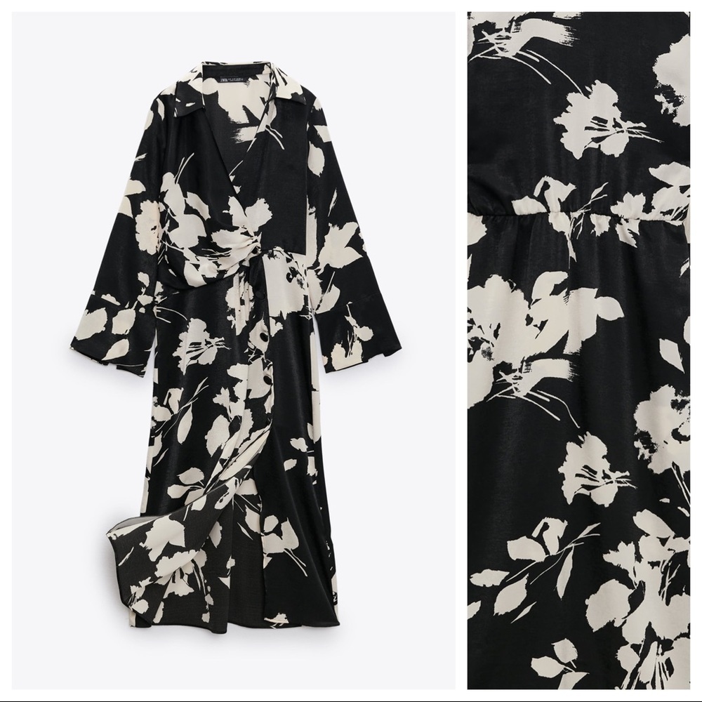NWT. Zara Black/Cream Satin Effect Floral Print Midi Dress. Size S. - Picture 6 of 11